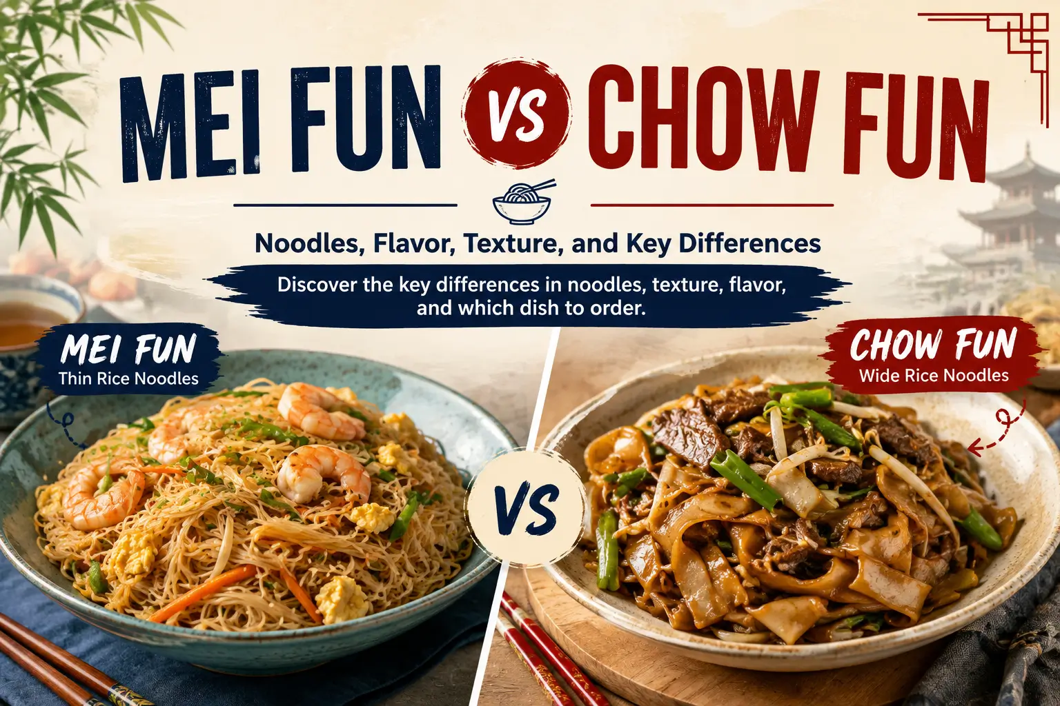 Mei Fun vs Chow Fun: thin rice noodles vs wide rice noodles