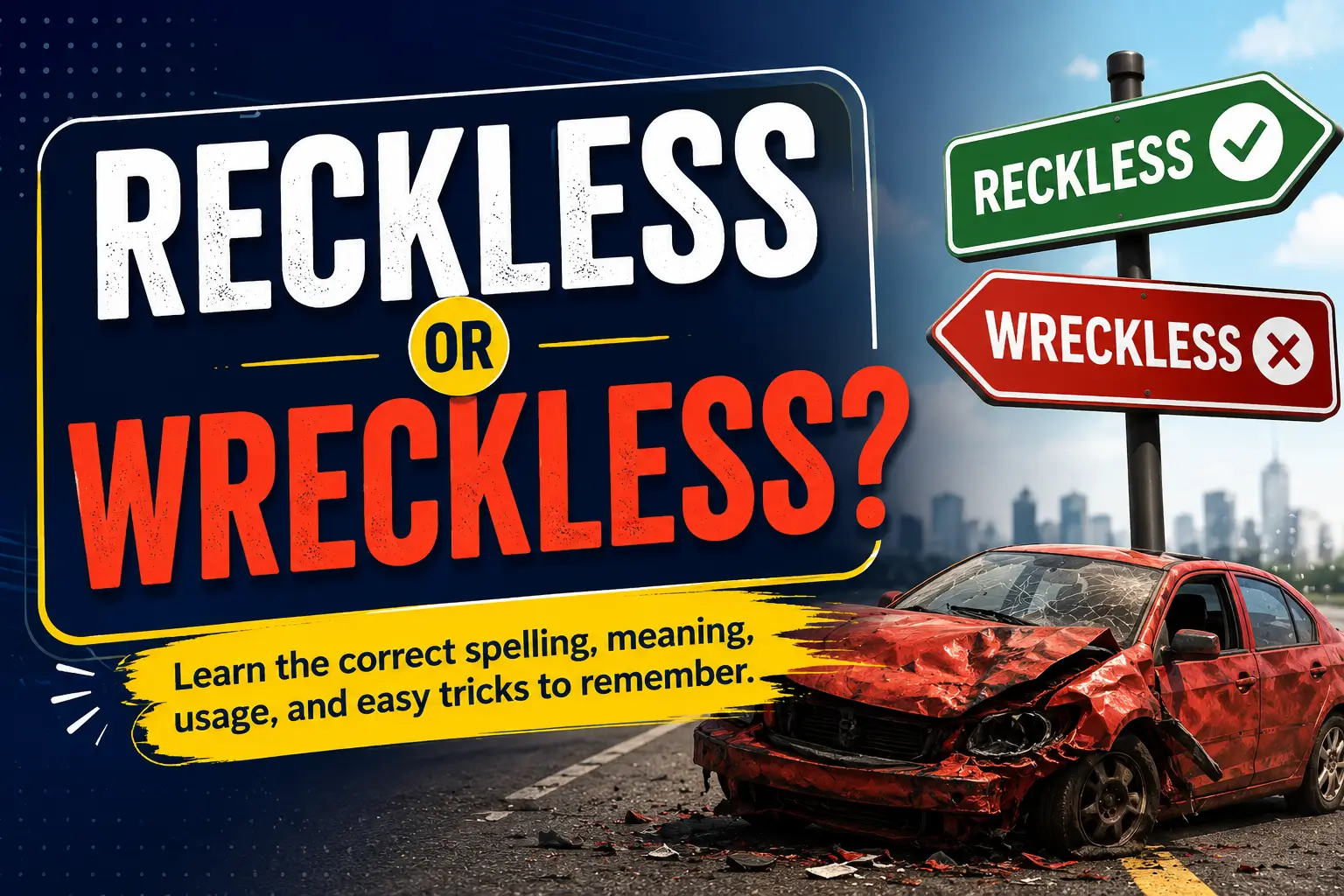Reckless or Wreckless spelling comparison showing the correct word