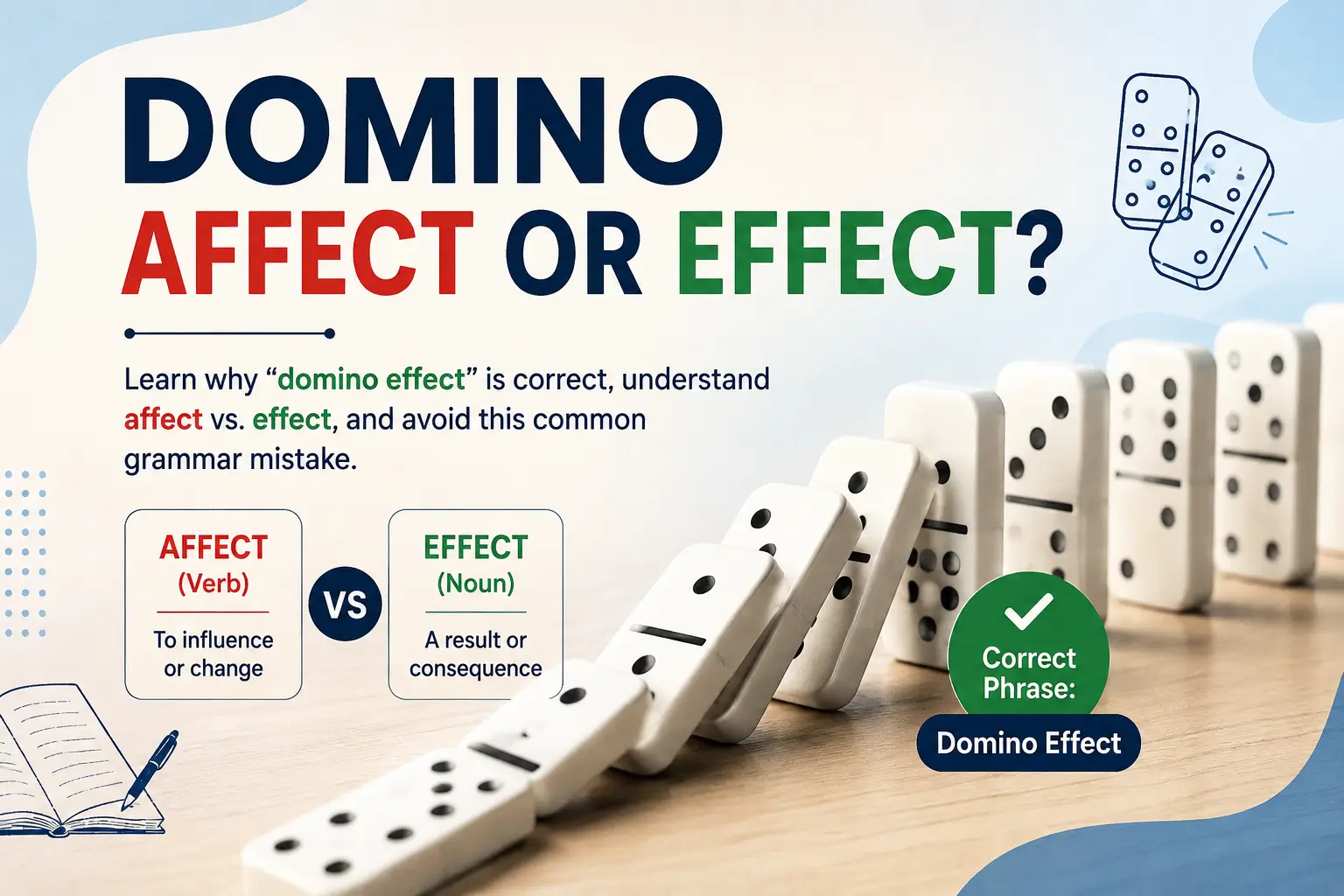 Domino affect or effect explained with the correct domino effect grammar usage