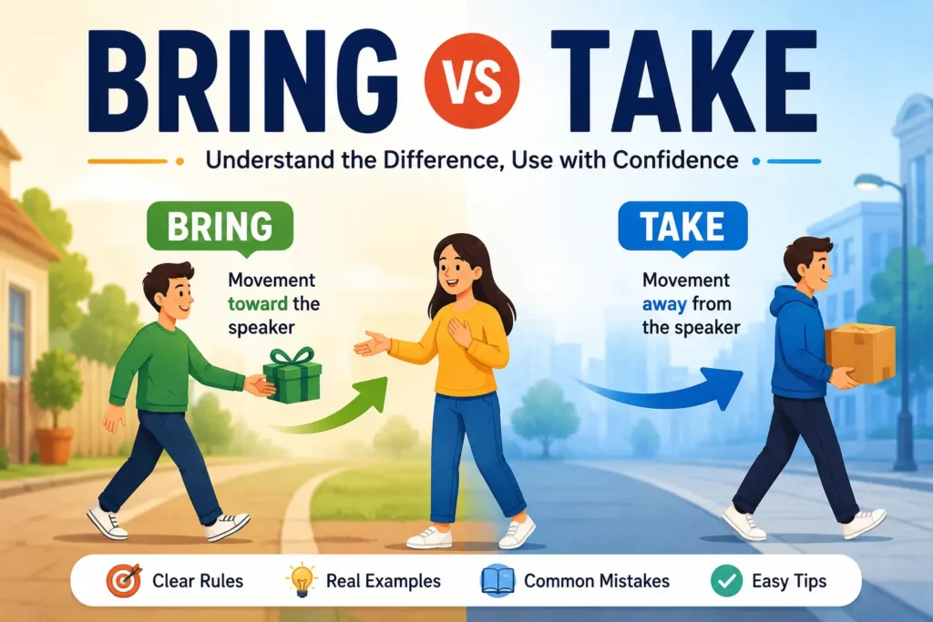 Bring vs Take showing the difference between movement toward and away
