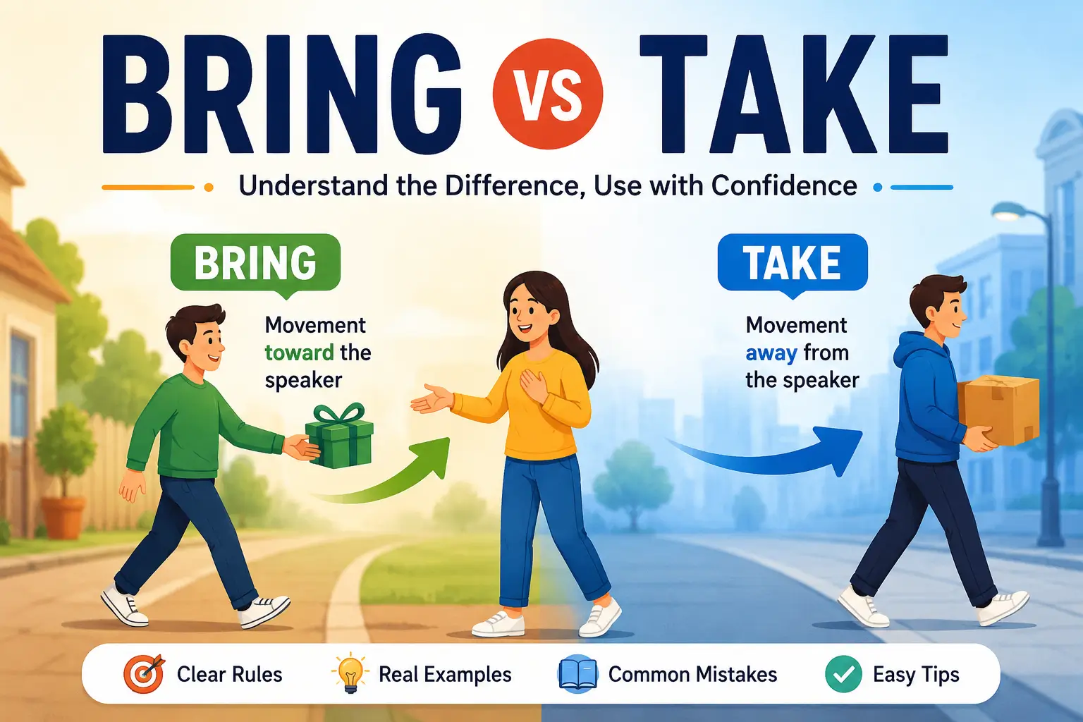 Bring vs Take showing the difference between movement toward and away