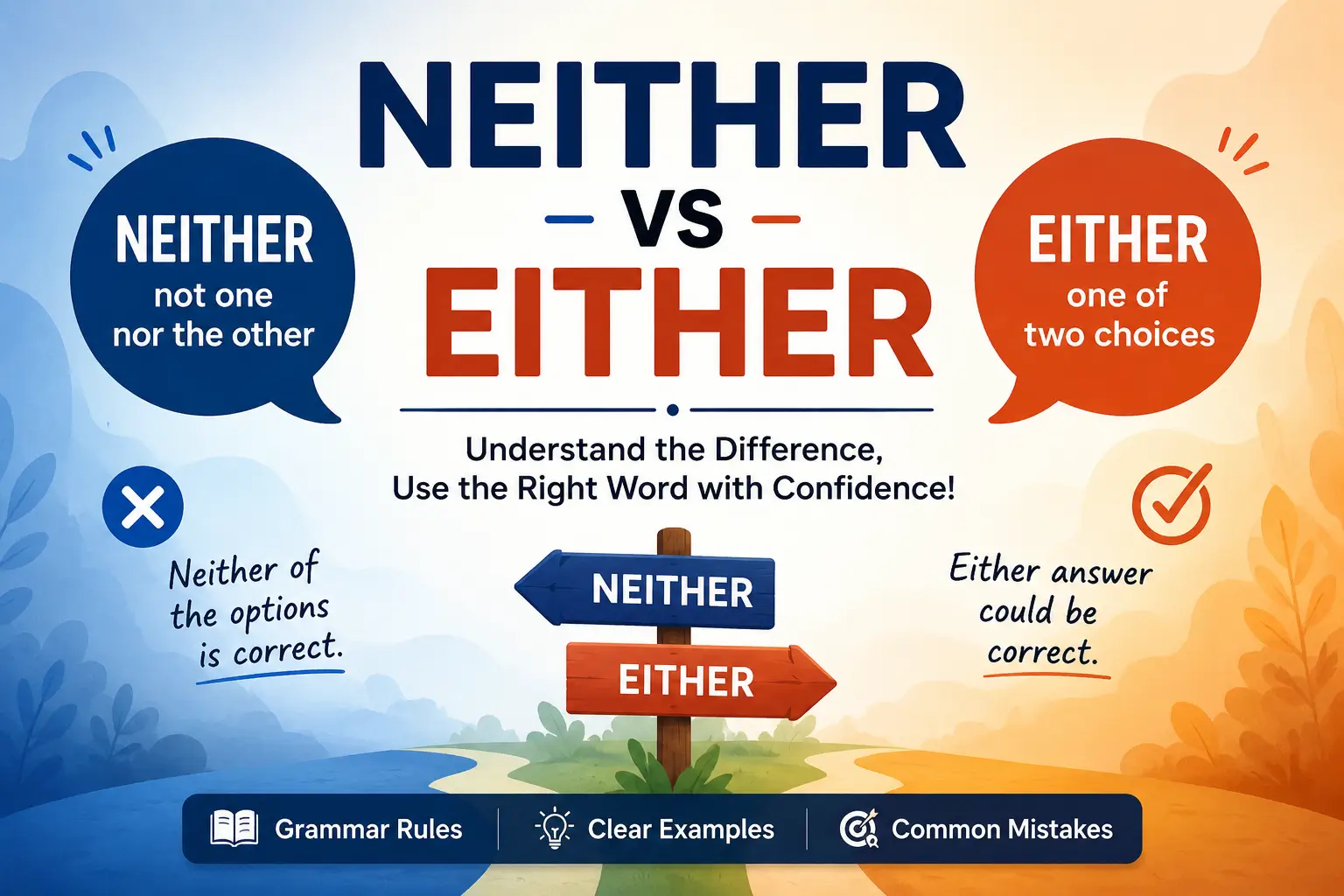 Neither vs Either showing the difference between two choices and rejecting both options