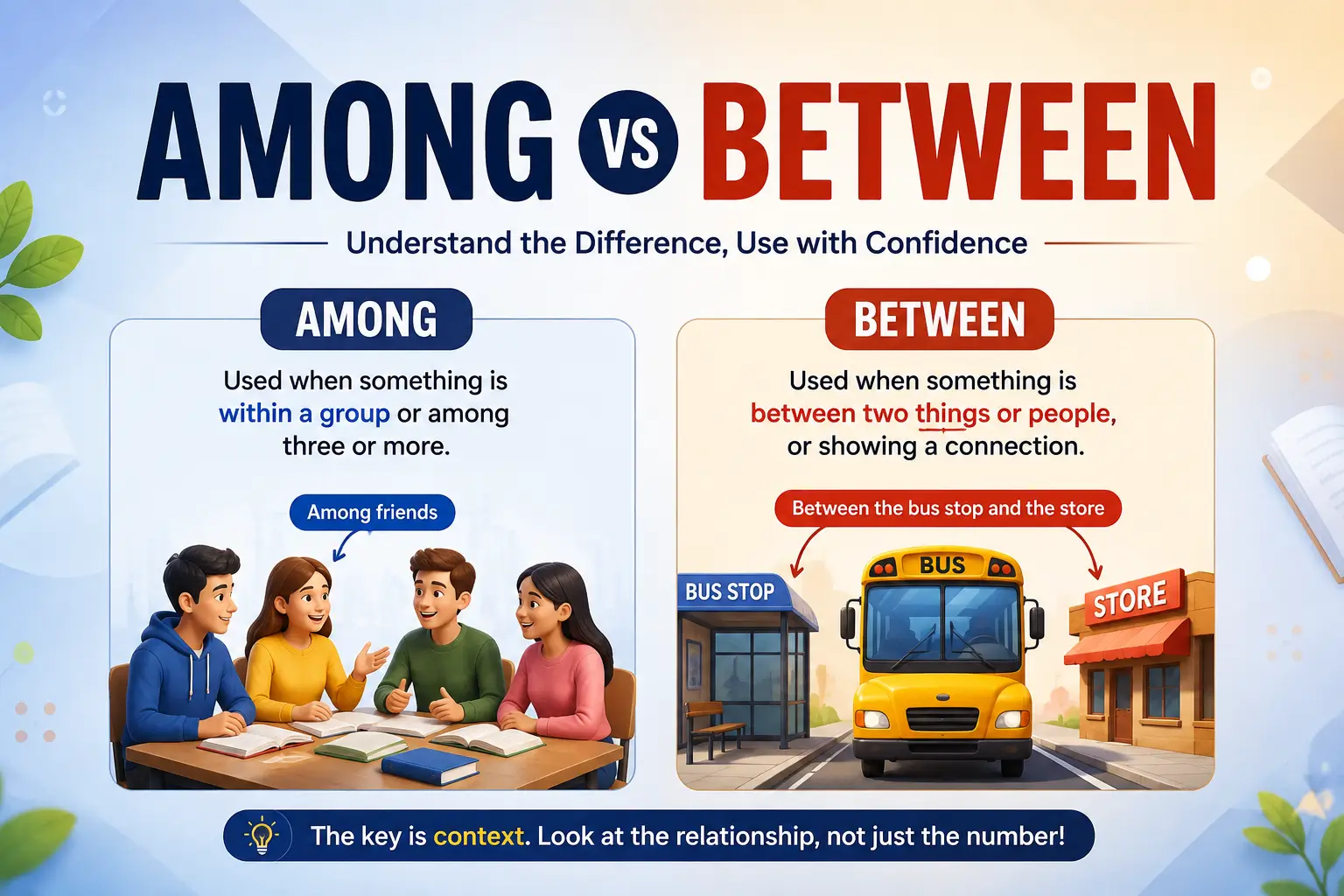 Among vs between grammar comparison showing how to use each word correctly