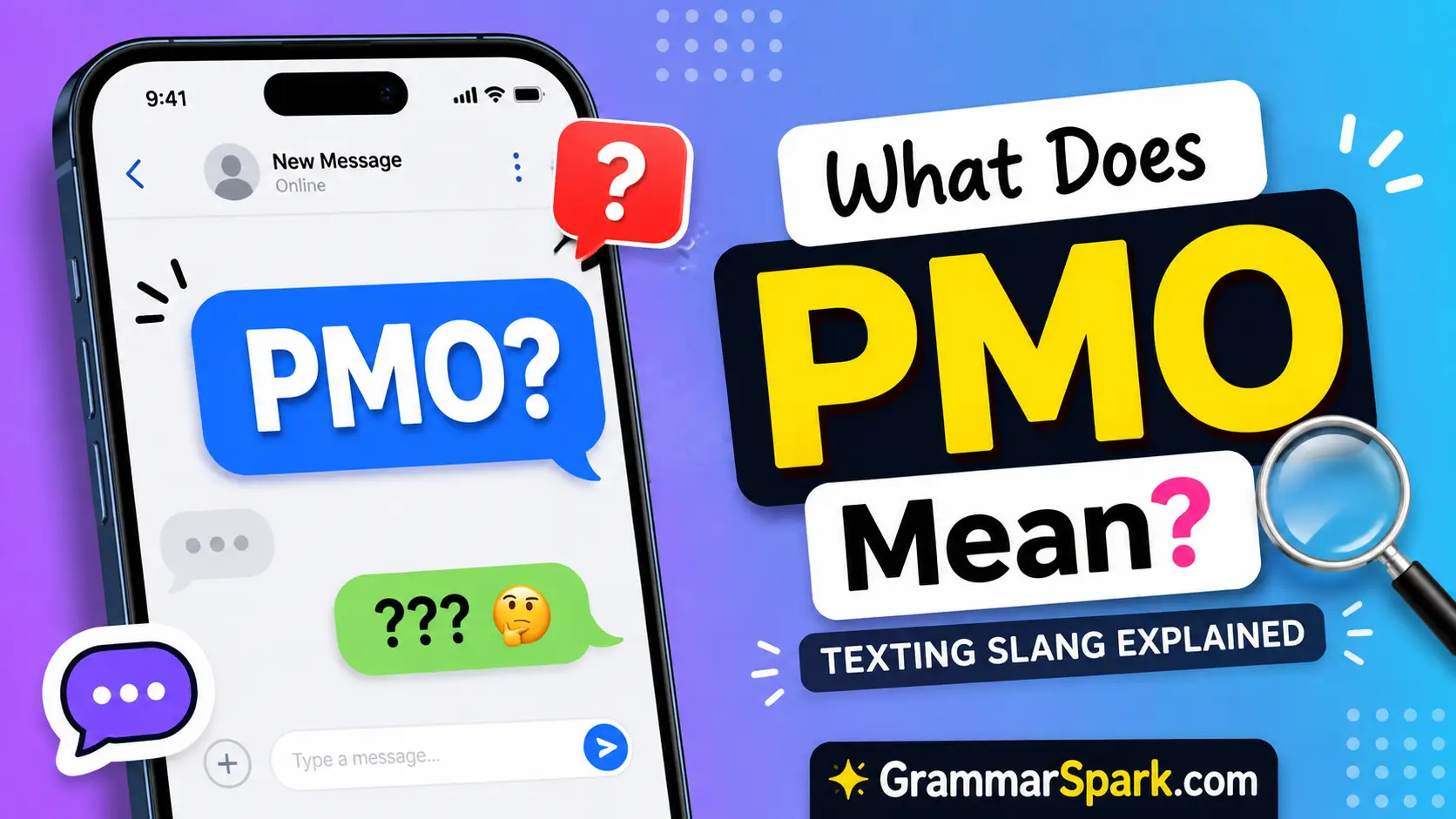 PMO Meaning in Text explained with a smartphone texting graphic