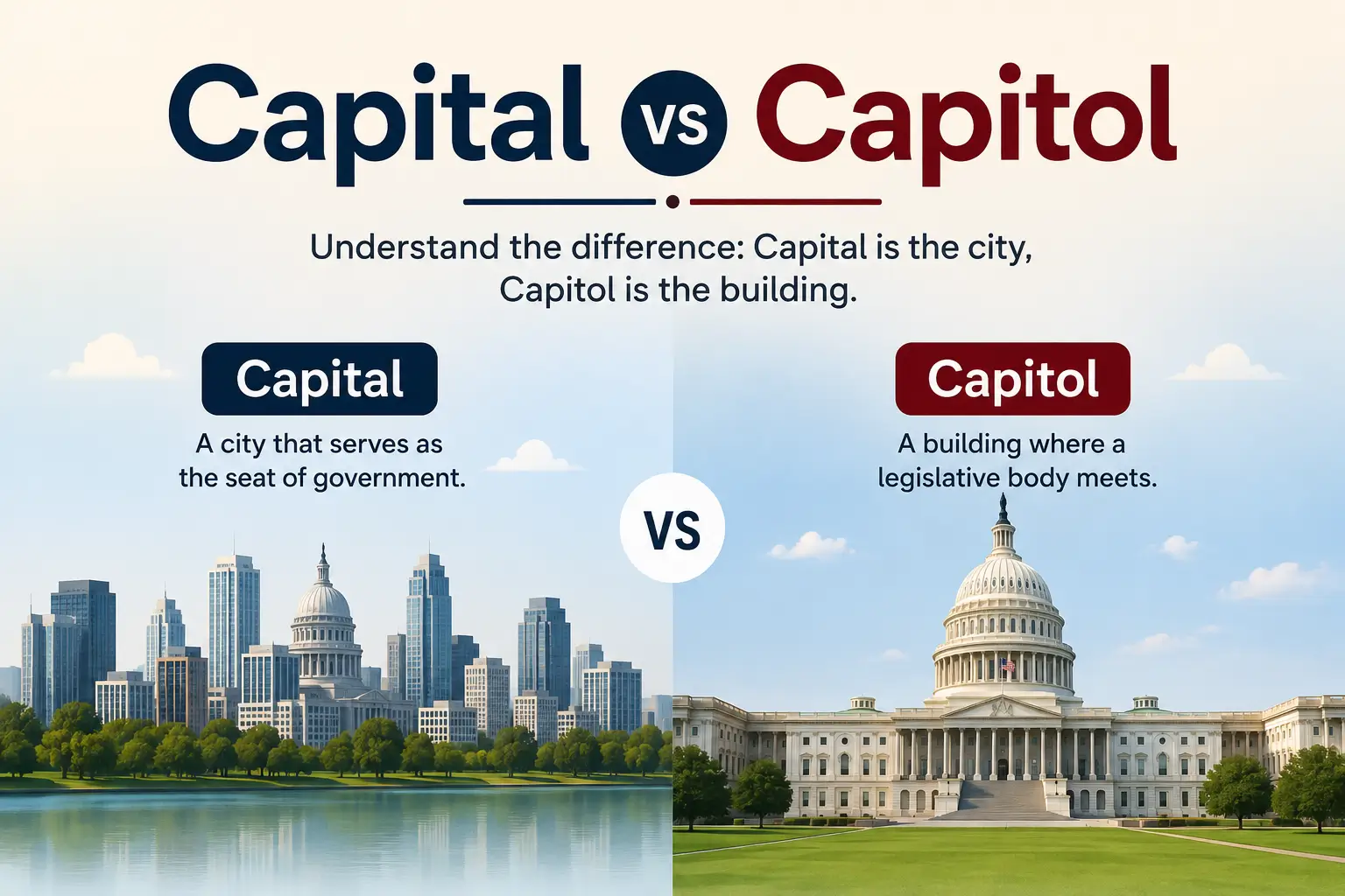 Capital vs Capitol comparison showing that capital means a government city, while capitol means a legislative building.