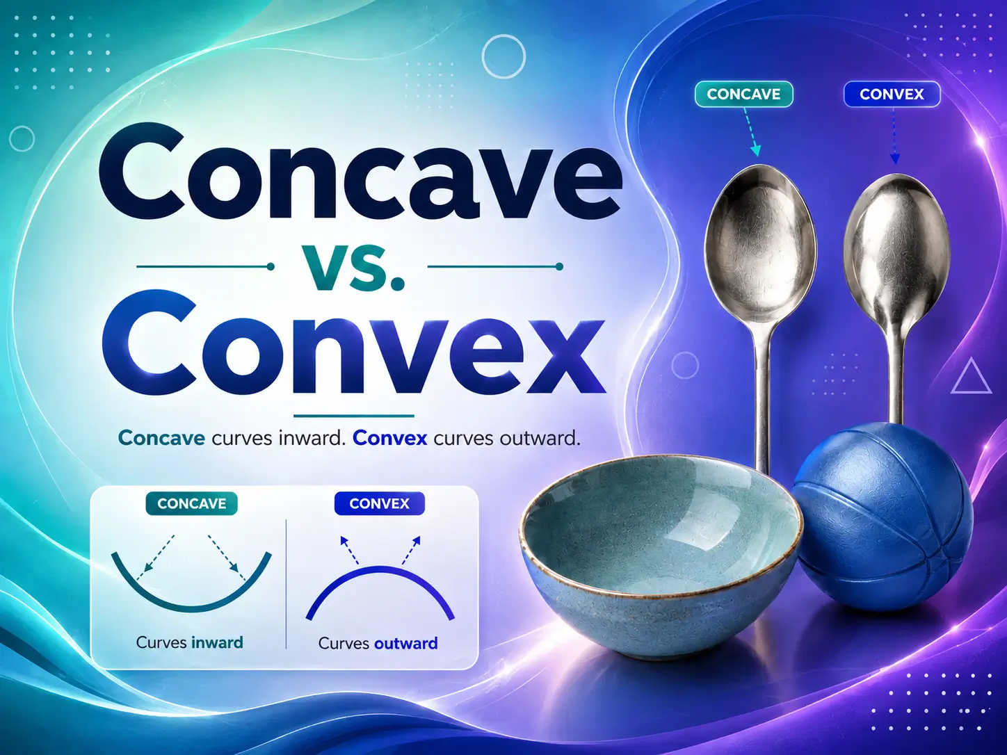 Concave vs. convex comparison showing inward and outward curves with a spoon, bowl, and ball