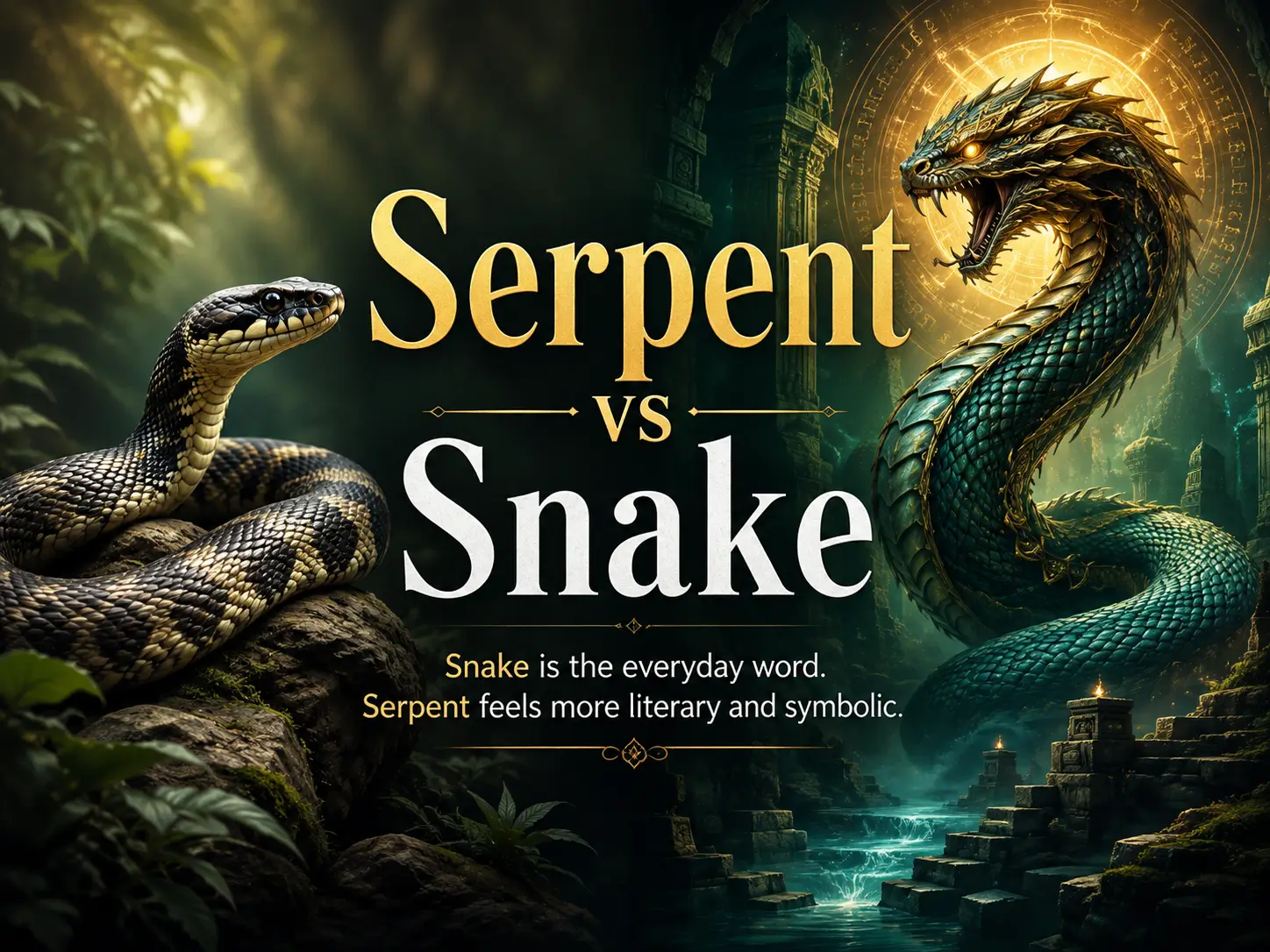 Serpent vs snake comparison showing a real snake beside a mythical serpent in an ancient jungle temple