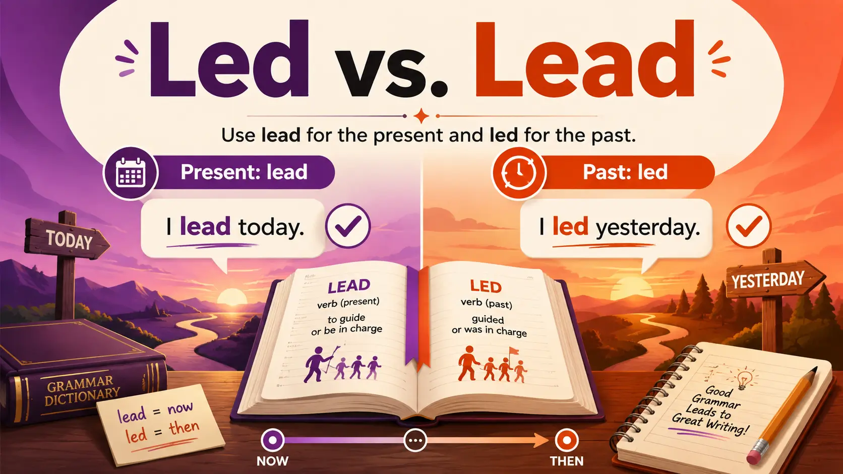 Led vs. Lead difference explained with present and past tense examples