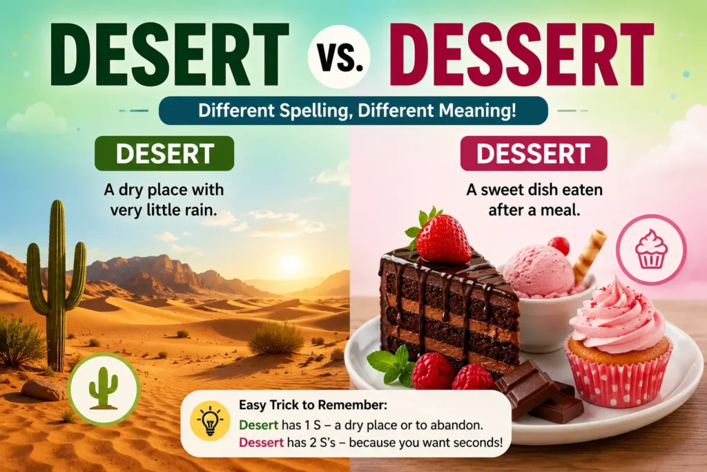Desert vs. Dessert difference with a dry desert and sweet desserts