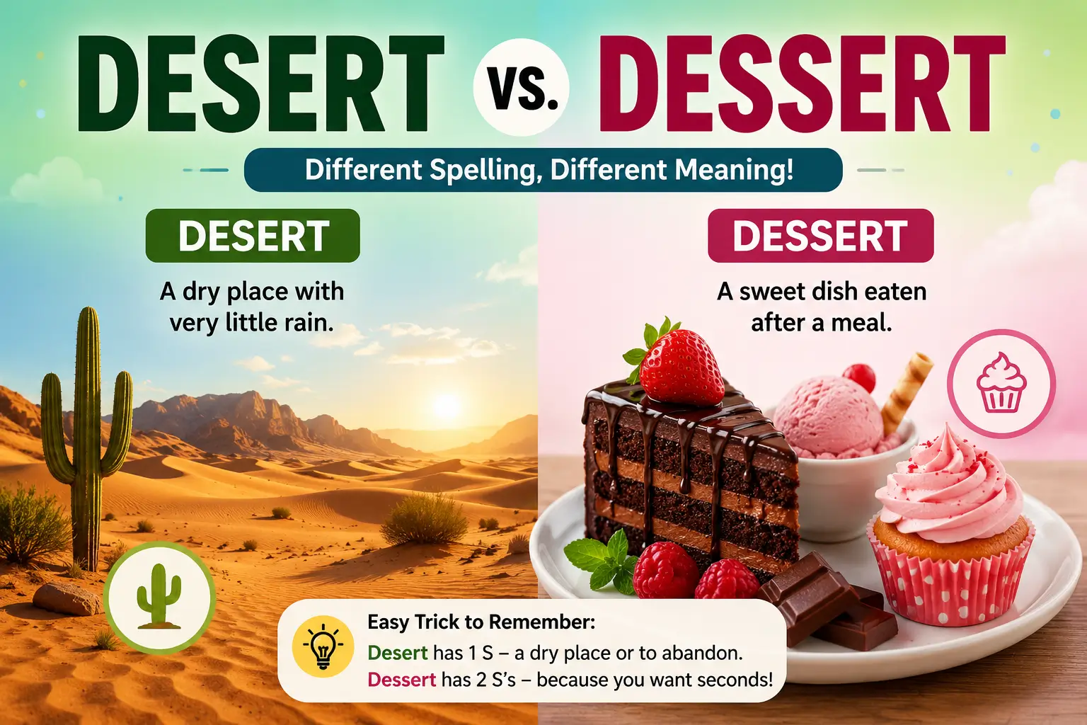 Desert vs. Dessert difference with a dry desert and sweet desserts