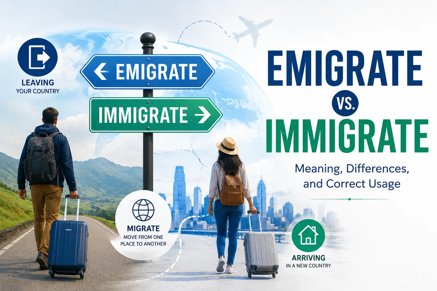 Emigrate vs. Immigrate difference showing leaving one country and arriving in another