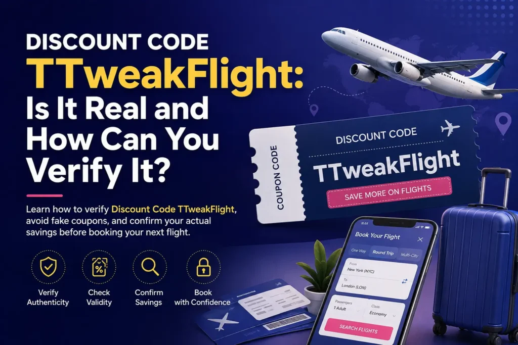 Discount Code TTweakFlight verification guide showing an airplane, travel coupon, booking app, and tips for avoiding fake flight discounts.