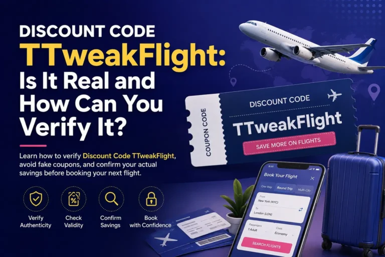 Discount Code TTweakFlight verification guide showing an airplane, travel coupon, booking app, and tips for avoiding fake flight discounts.