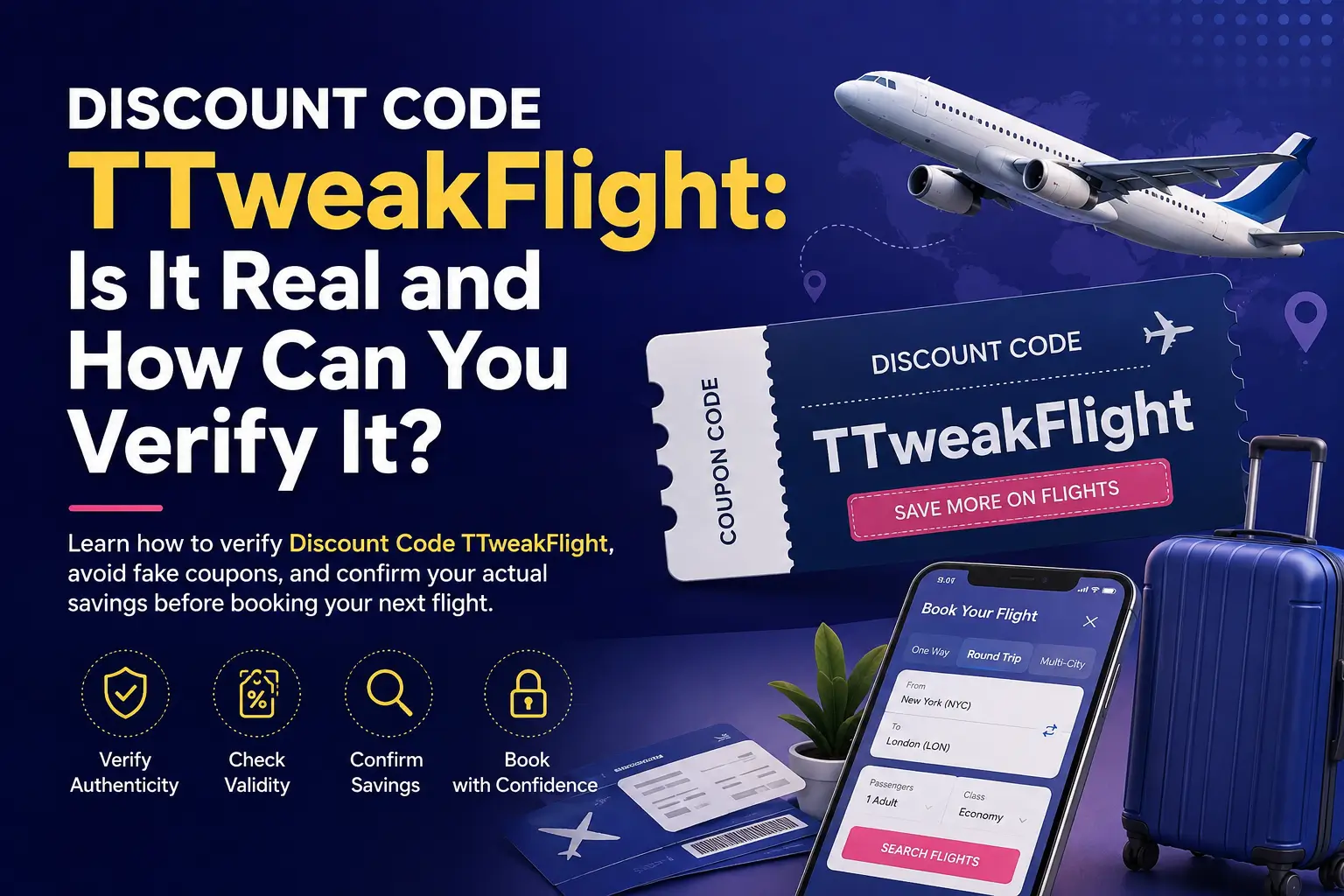 Discount Code TTweakFlight verification guide showing an airplane, travel coupon, booking app, and tips for avoiding fake flight discounts.