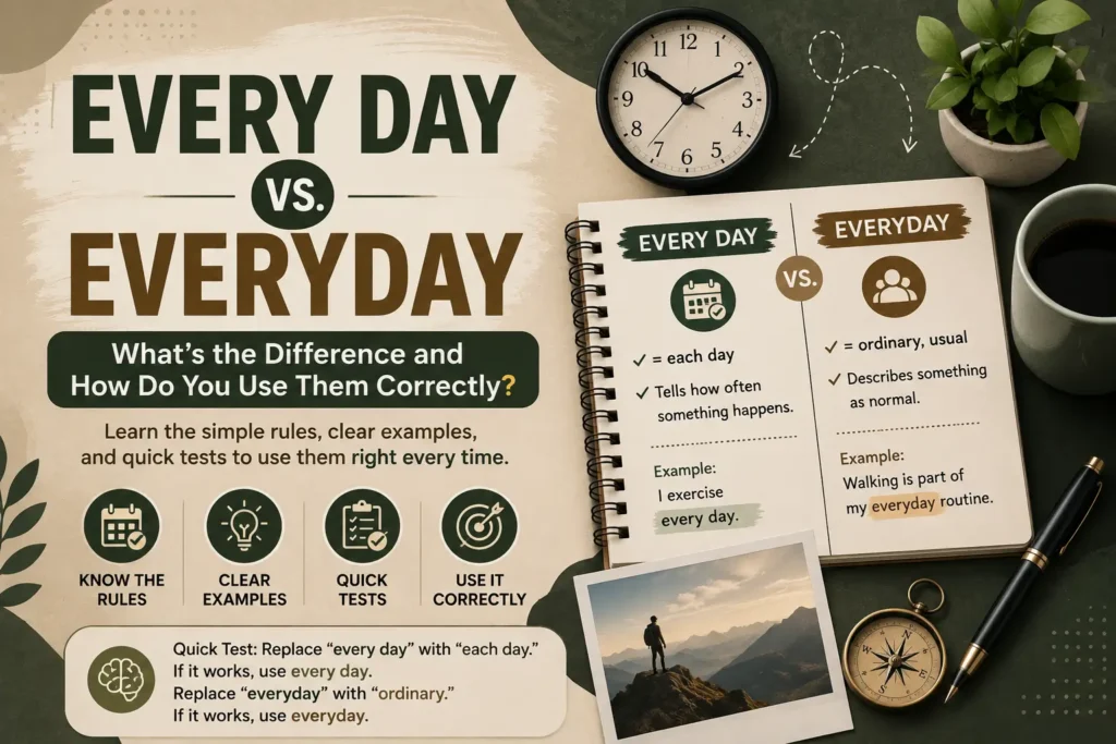 Every Day vs. Everyday grammar guide showing meanings, examples, and a quick test for choosing the correct form.