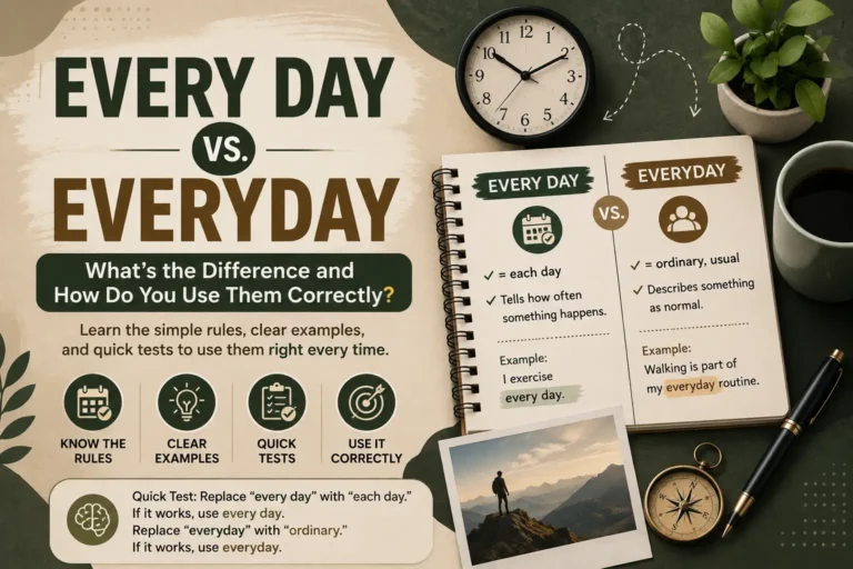 Every Day vs. Everyday grammar guide showing meanings, examples, and a quick test for choosing the correct form.