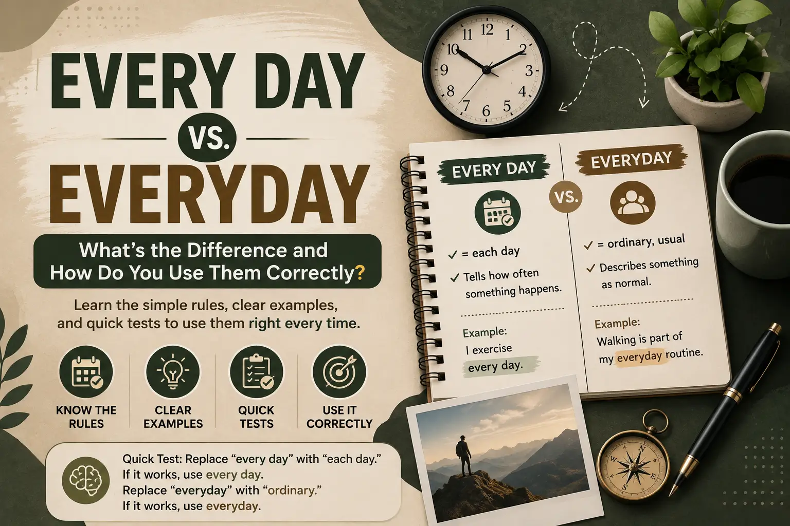 Every Day vs. Everyday grammar guide showing meanings, examples, and a quick test for choosing the correct form.
