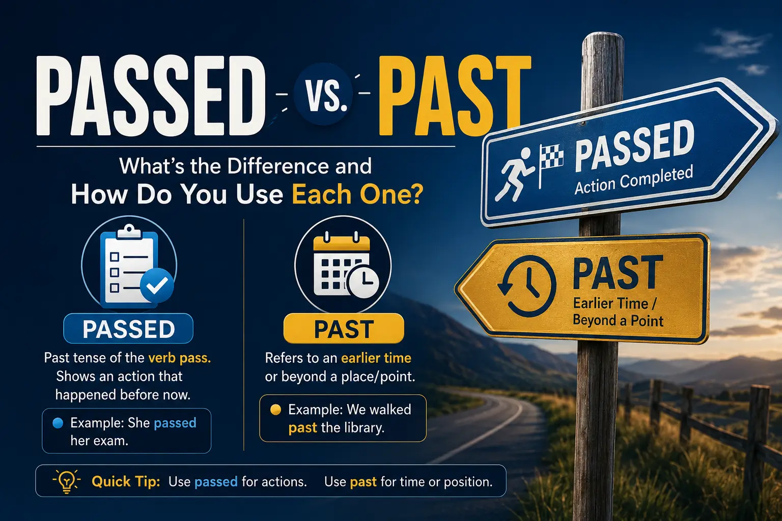 Passed vs. Past grammar guide showing that passed describes an action, while past refers to earlier time or movement beyond a point.