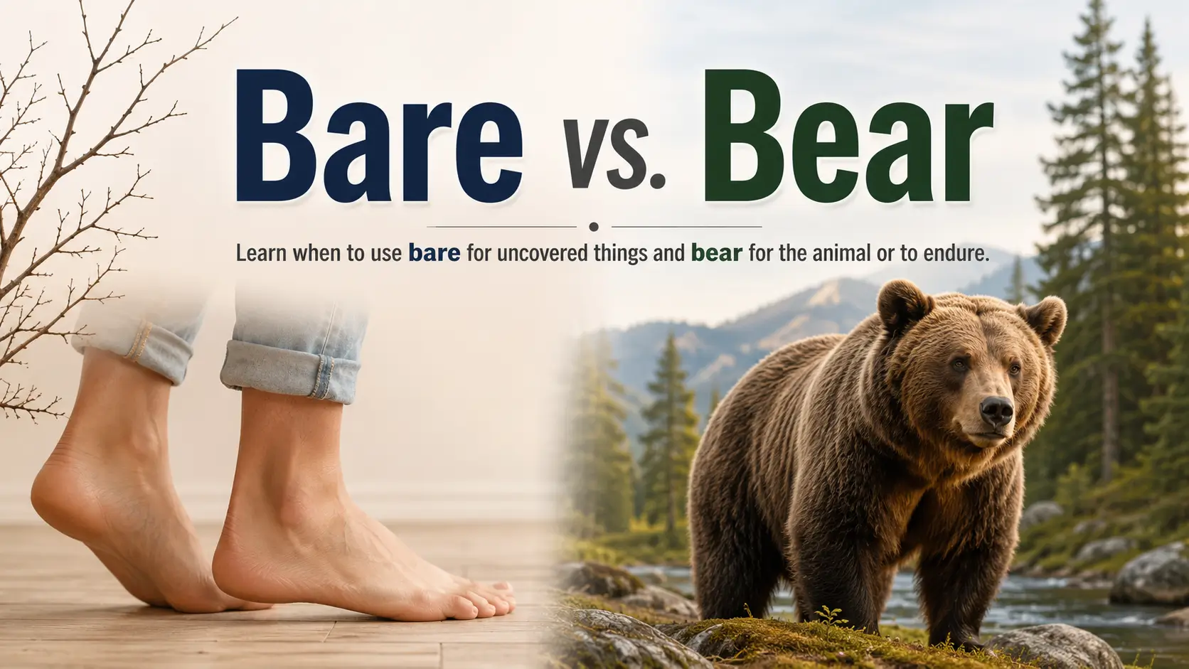 Bare vs. bear difference explained with bare feet and a brown bear
