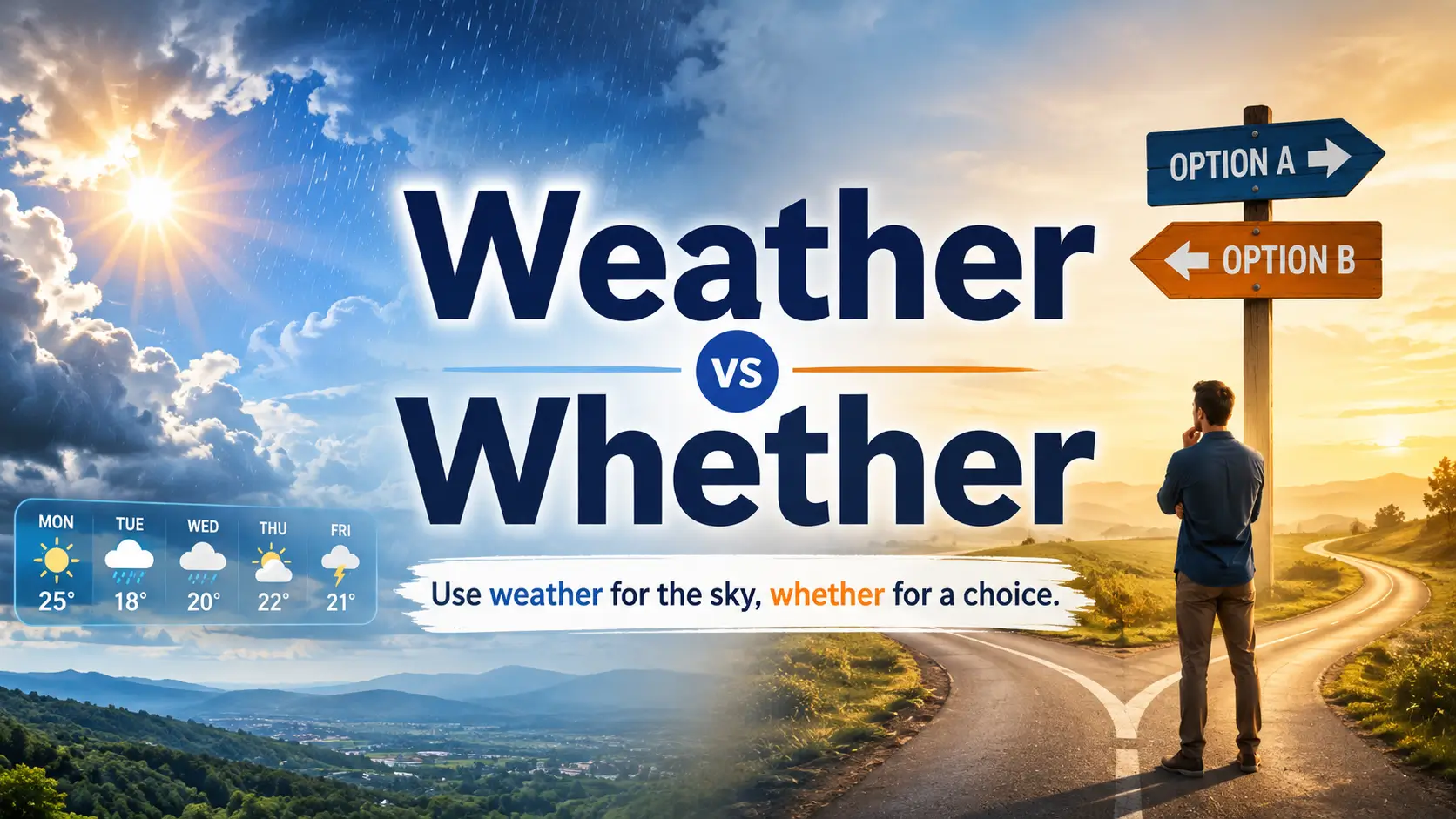 Weather vs Whether difference shown with changing weather and two choices