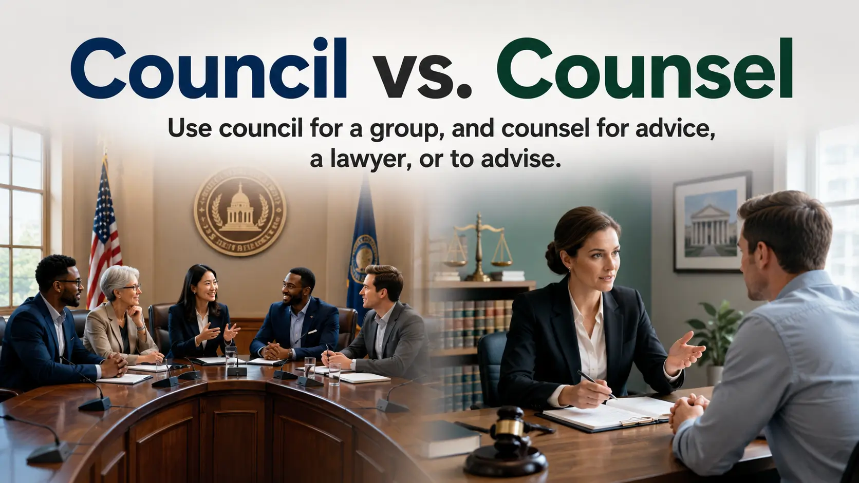Council vs. Counsel difference showing a council group and a lawyer giving legal advice