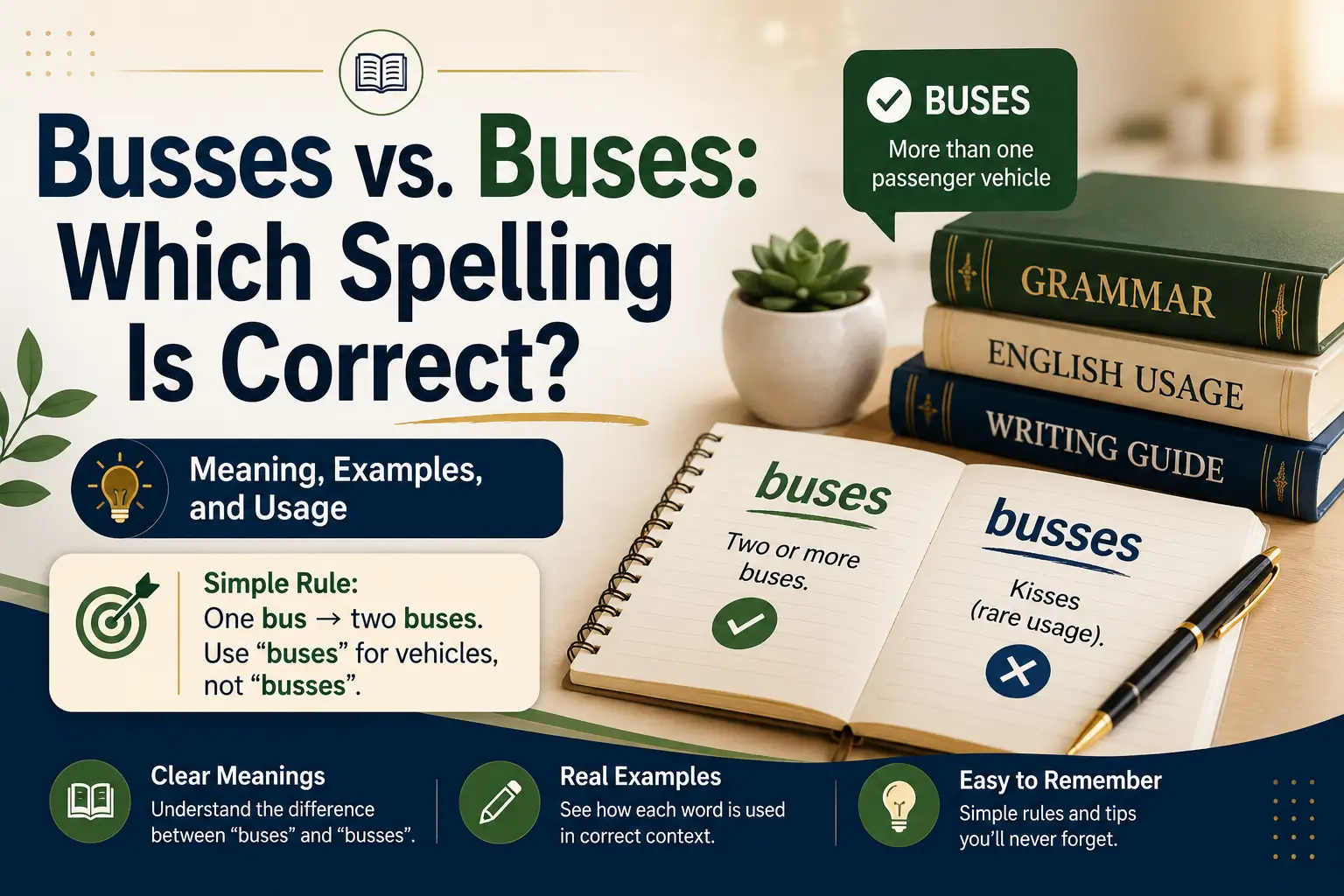 Busses vs. Buses: Which spelling is correct? Learn the difference between buses and busses with simple examples and grammar rules.