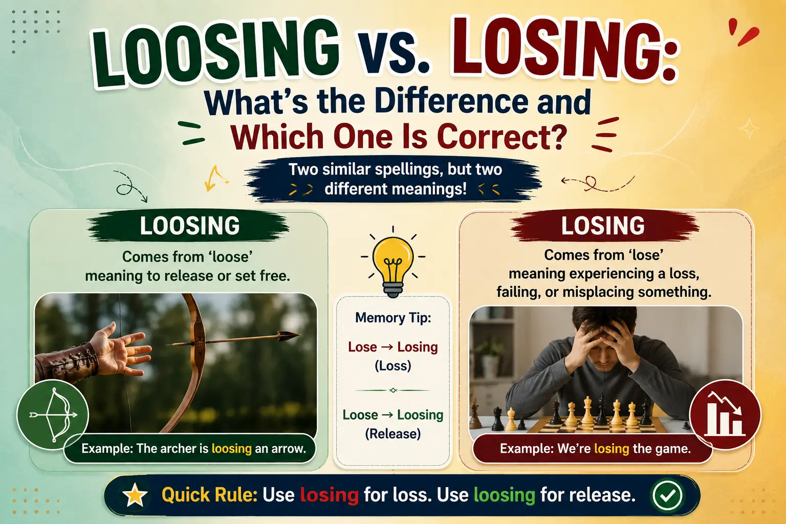 Loosing vs. Losing explained with meanings, differences, examples, and simple grammar rules to help you choose the correct spelling.